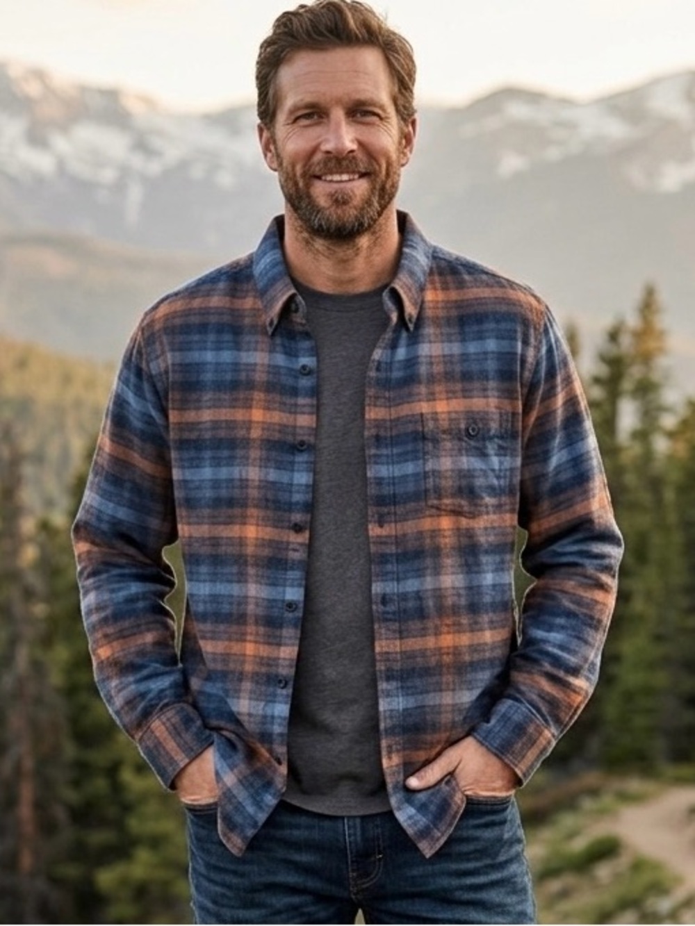 Men's Soft Blue and Orange Plaid Flannel Shirt